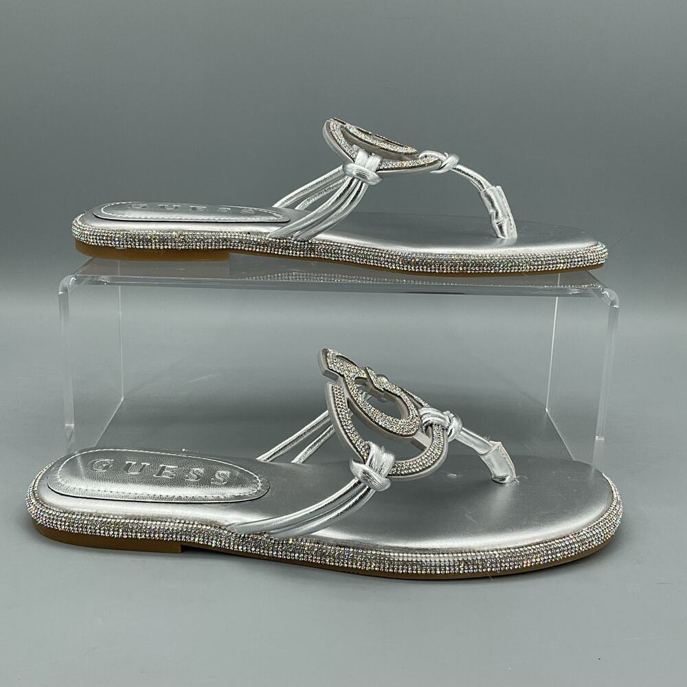 NEW Guess Women’s Saima G Cutout Rhinestone Flat Sandals Silver Size 7M